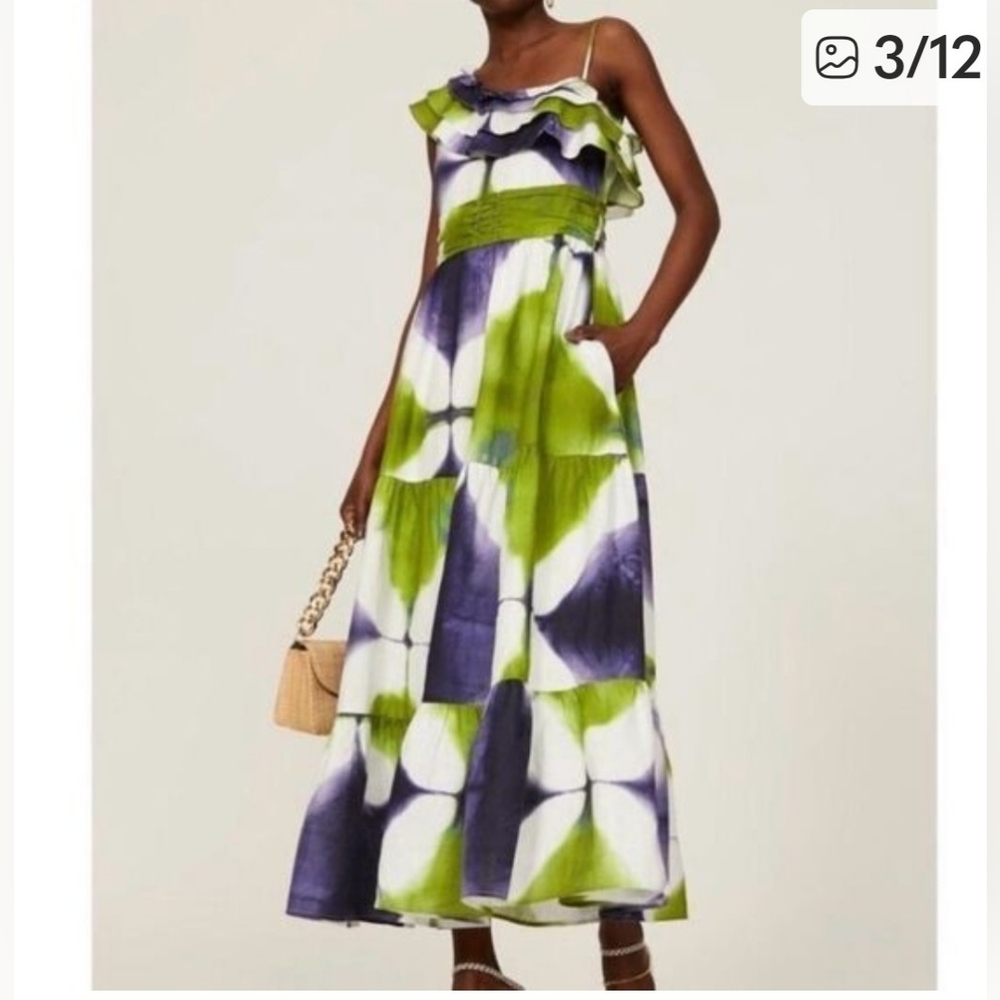 Maxi Ruffle Tie-Dye Dress in Green & Navy